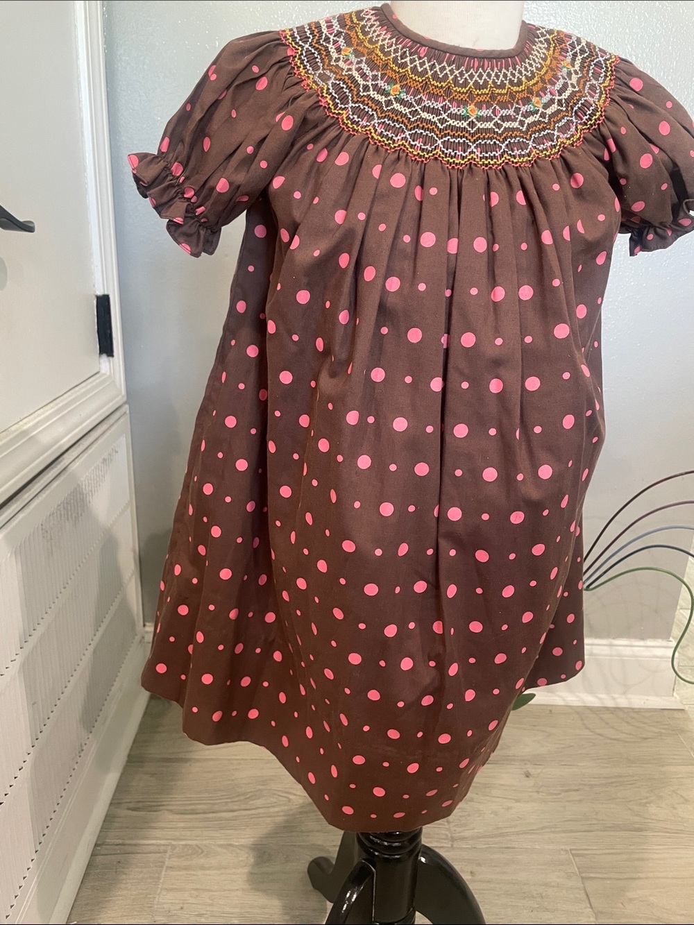 Smocked Brown Dress with Pink Polka Dots for Girls